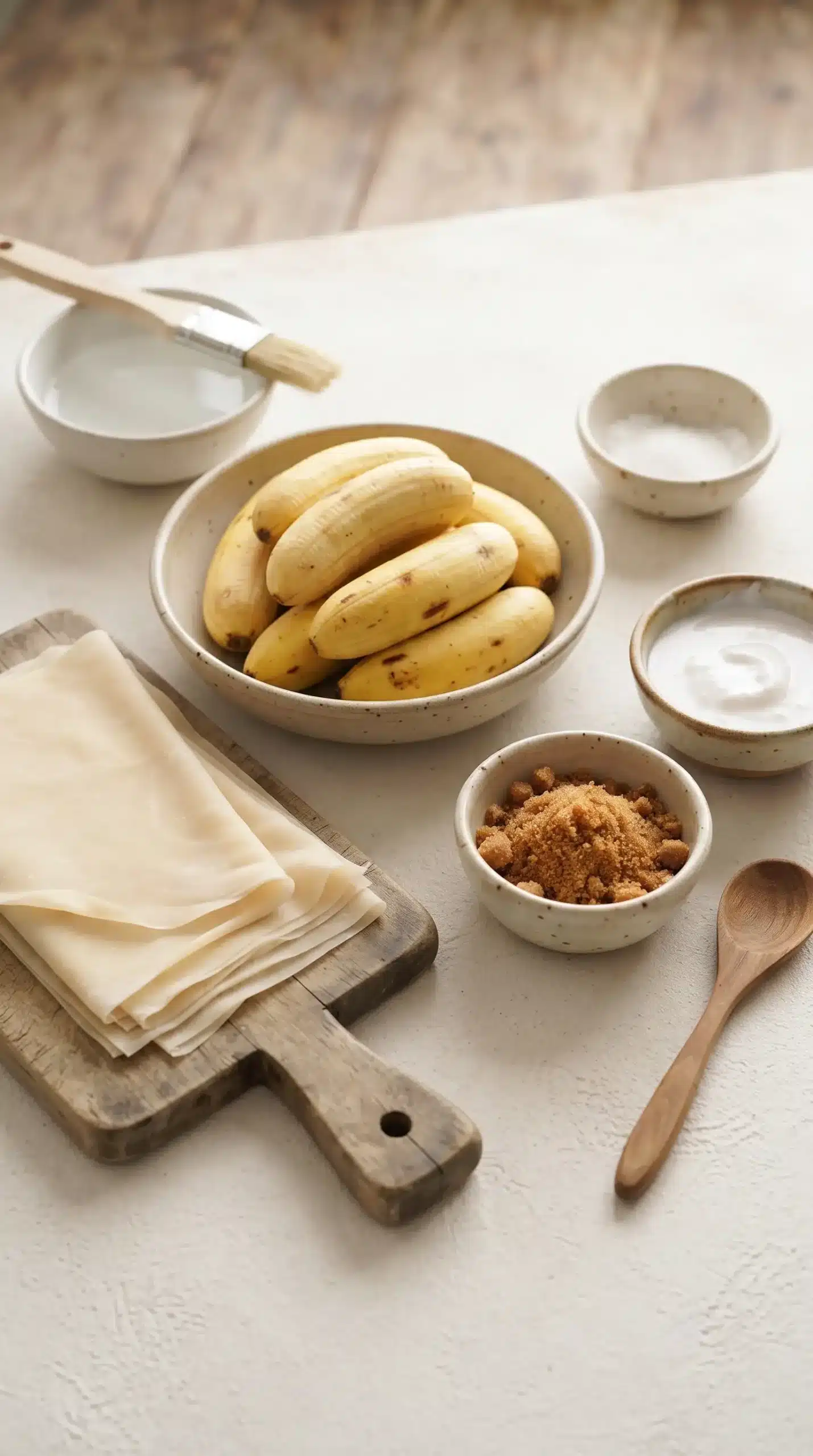 Bananas, lumpia wrappers, brown sugar, coconut milk, and water for banana lumpia