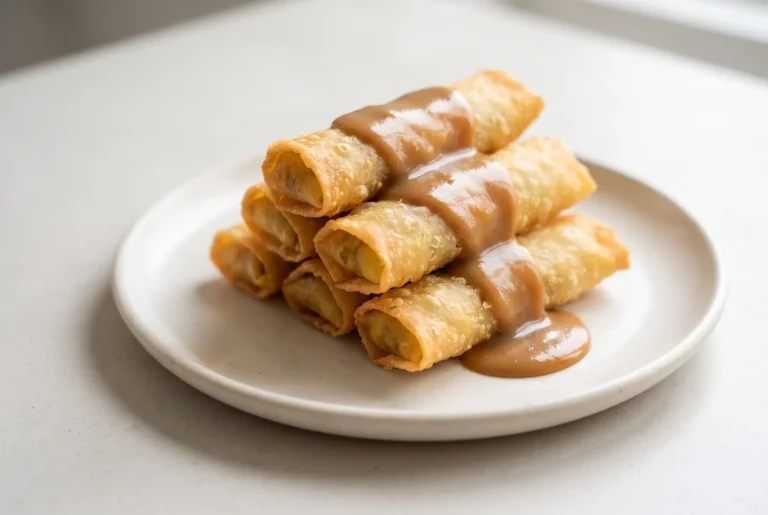 Banana lumpia rolls with coconut caramel sauce on a ceramic plate