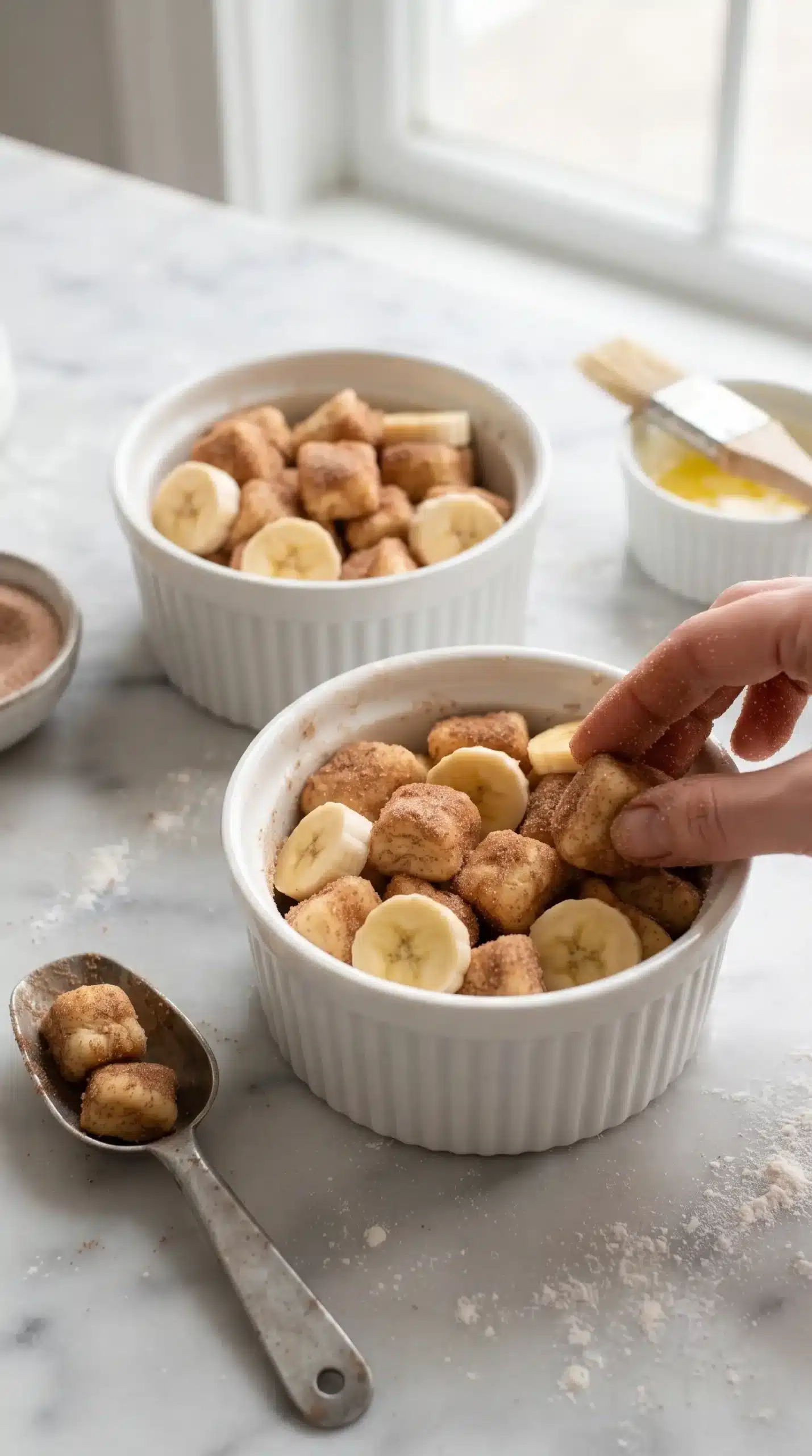 Banana monkey bread biscuit cubes and banana slices arranged with cinnamon sugar in ramekins