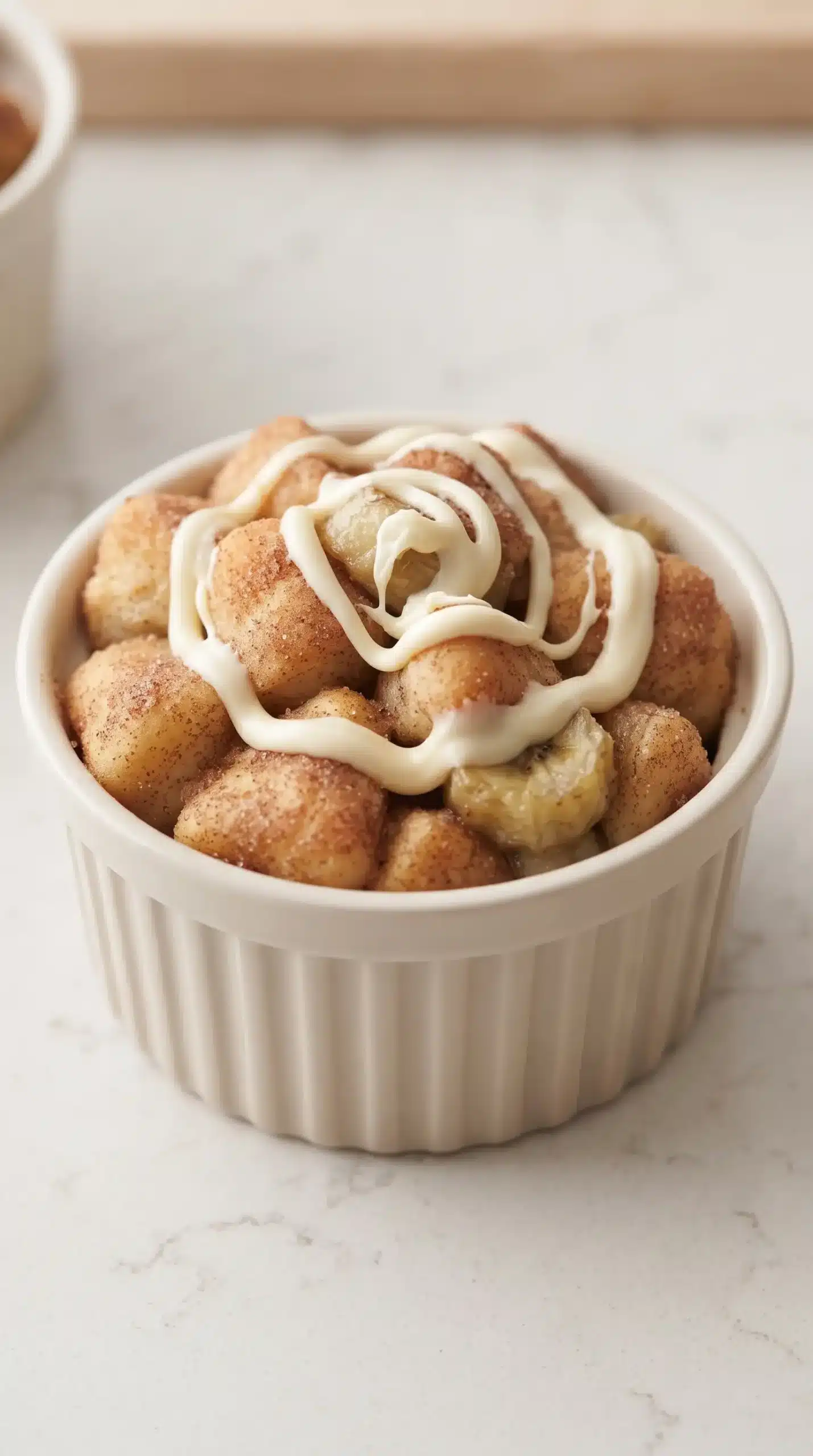 Serving of banana monkey bread with cinnamon biscuit pieces, bananas, and white chocolate topping