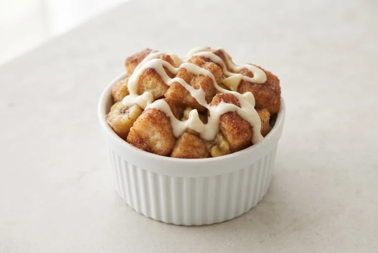Banana monkey bread with cinnamon sugar, banana pieces, and white chocolate in a ramekin