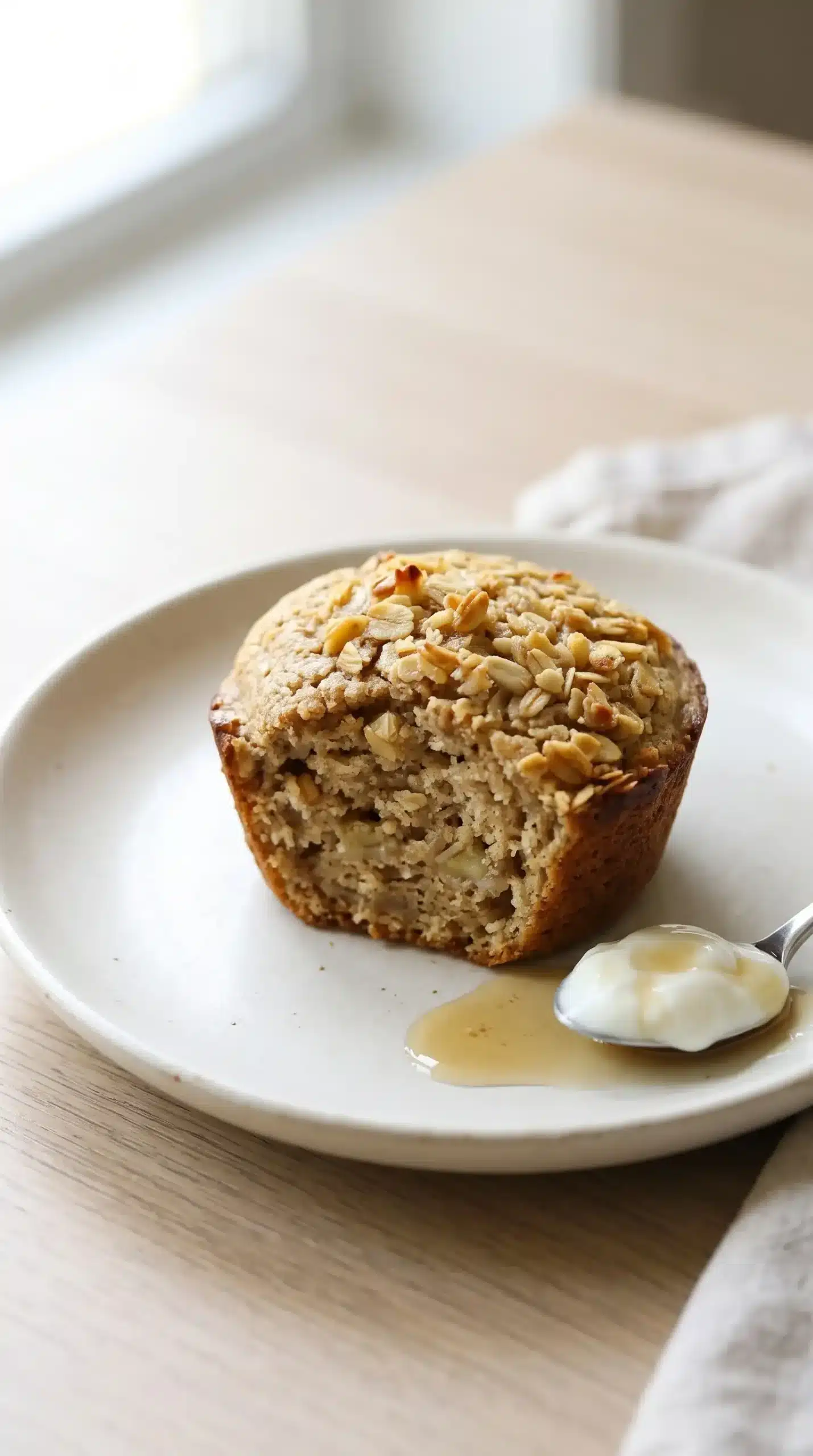 Single banana oat muffin with oat topping and yogurt serving suggestion