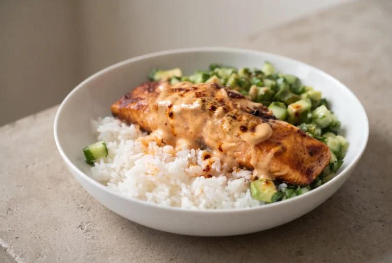 Bang bang salmon with avocado cucumber salsa served over rice in a bowl
