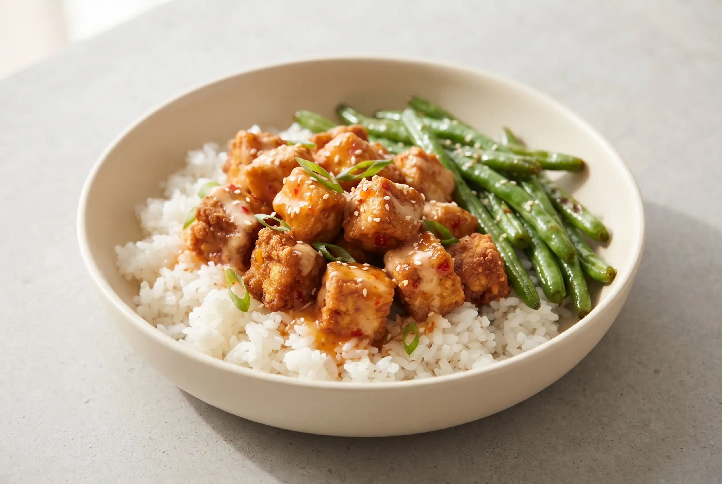 Bang bang tofu with sweet chili sauce, rice, and green beans in a ceramic bowl