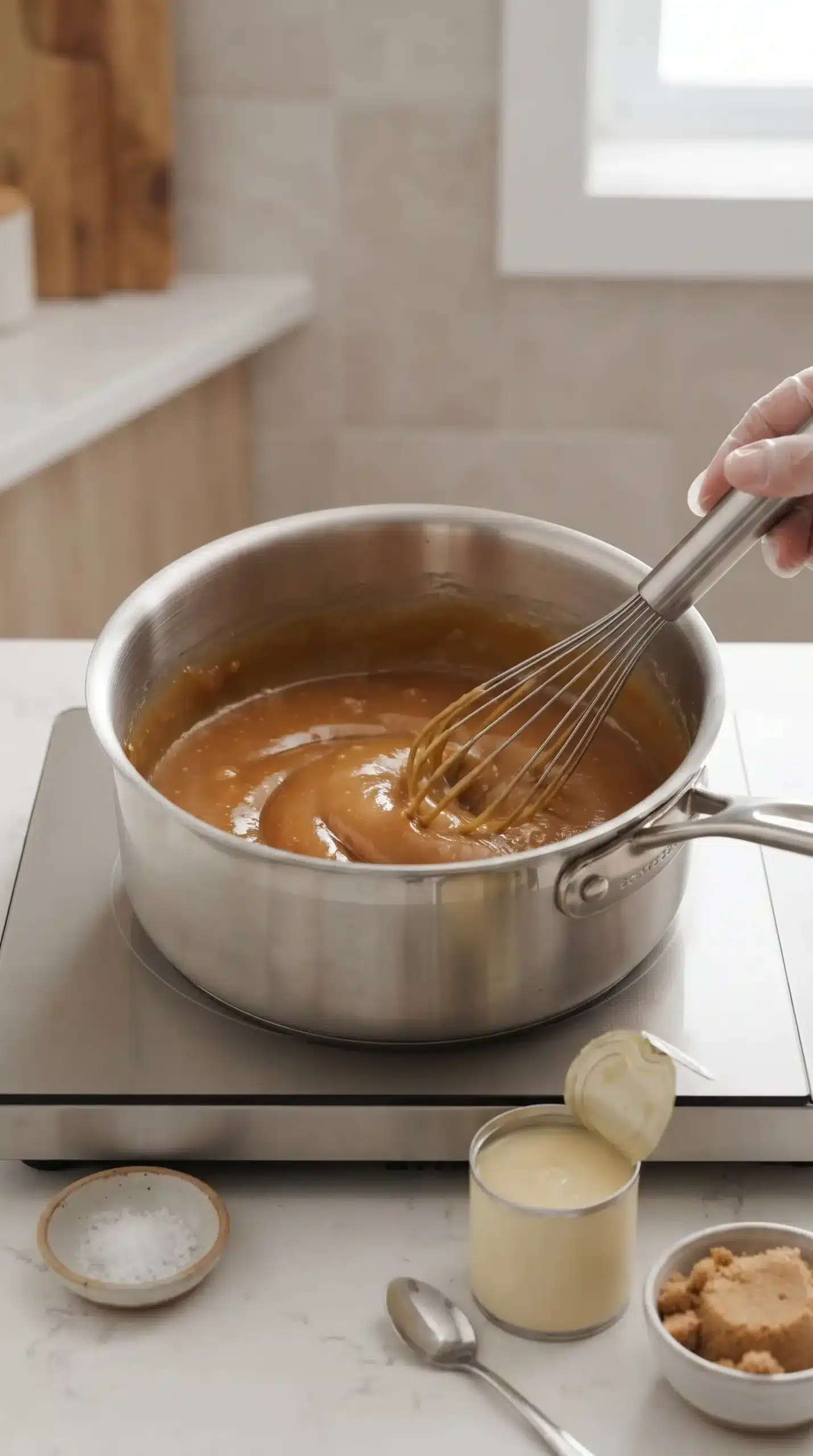 Toffee filling for banoffee pie gently cooking in a saucepan