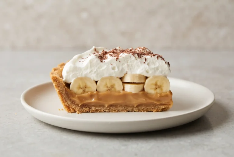 Slice of banoffee pie with graham cracker crust, toffee, bananas, whipped cream, and chocolate shavings