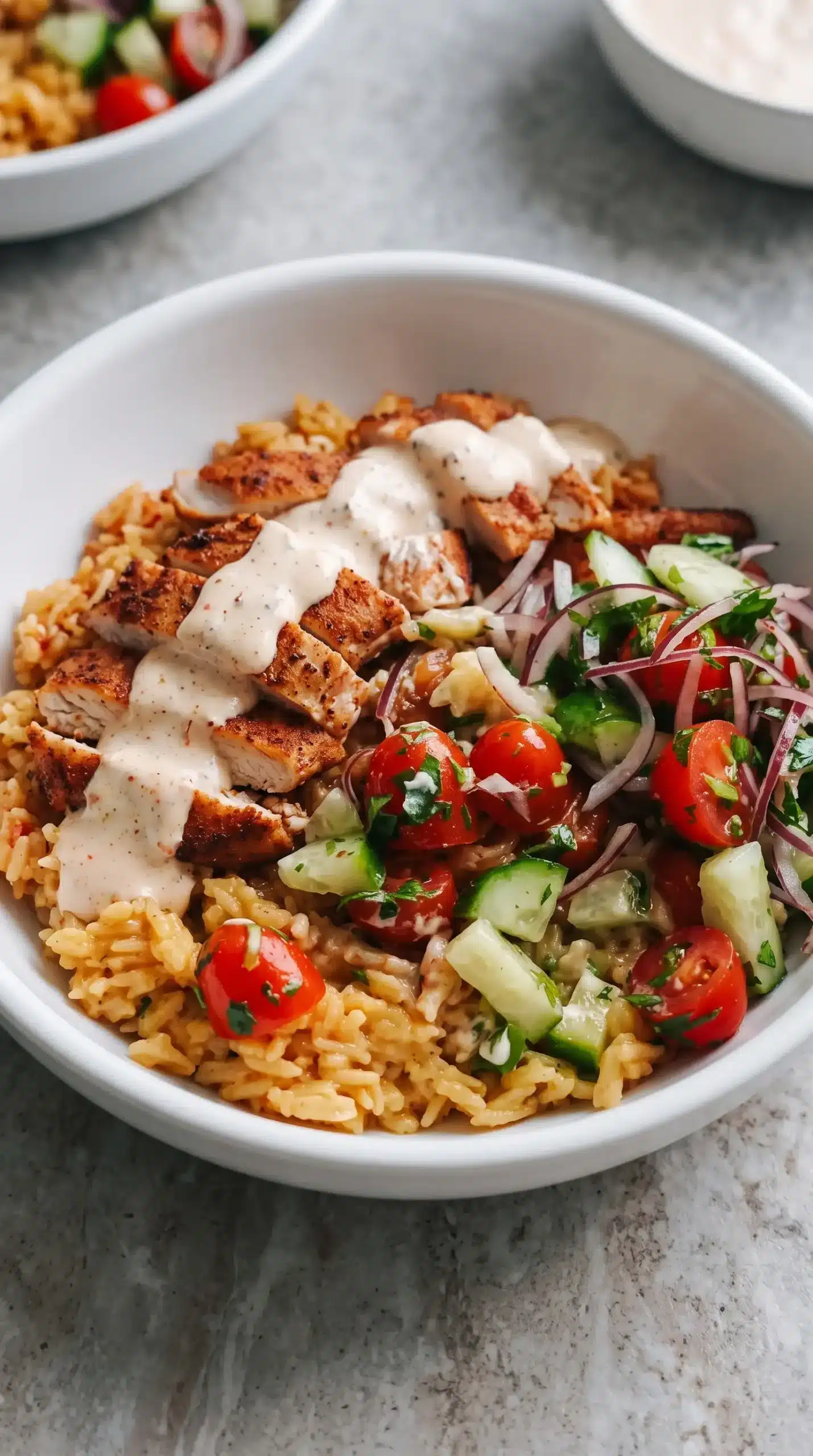 Banza chicken bowl layered with tomato rice, chicken, chili sauce, and cucumber tomato salad