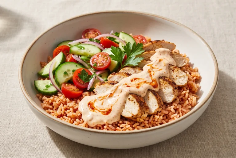 Banza chicken bowls with rice, seasoned chicken, cucumber tomato salad, and creamy Calabrian chili sauce