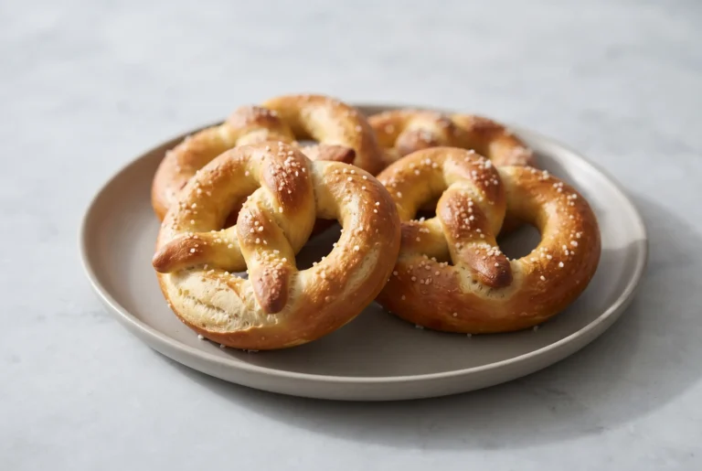 Soft pretzels with golden twisted crusts and coarse salt served on a ceramic plate