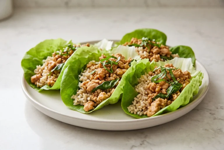 Chicken lettuce wraps filled with basil chicken and brown rice on a ceramic plate