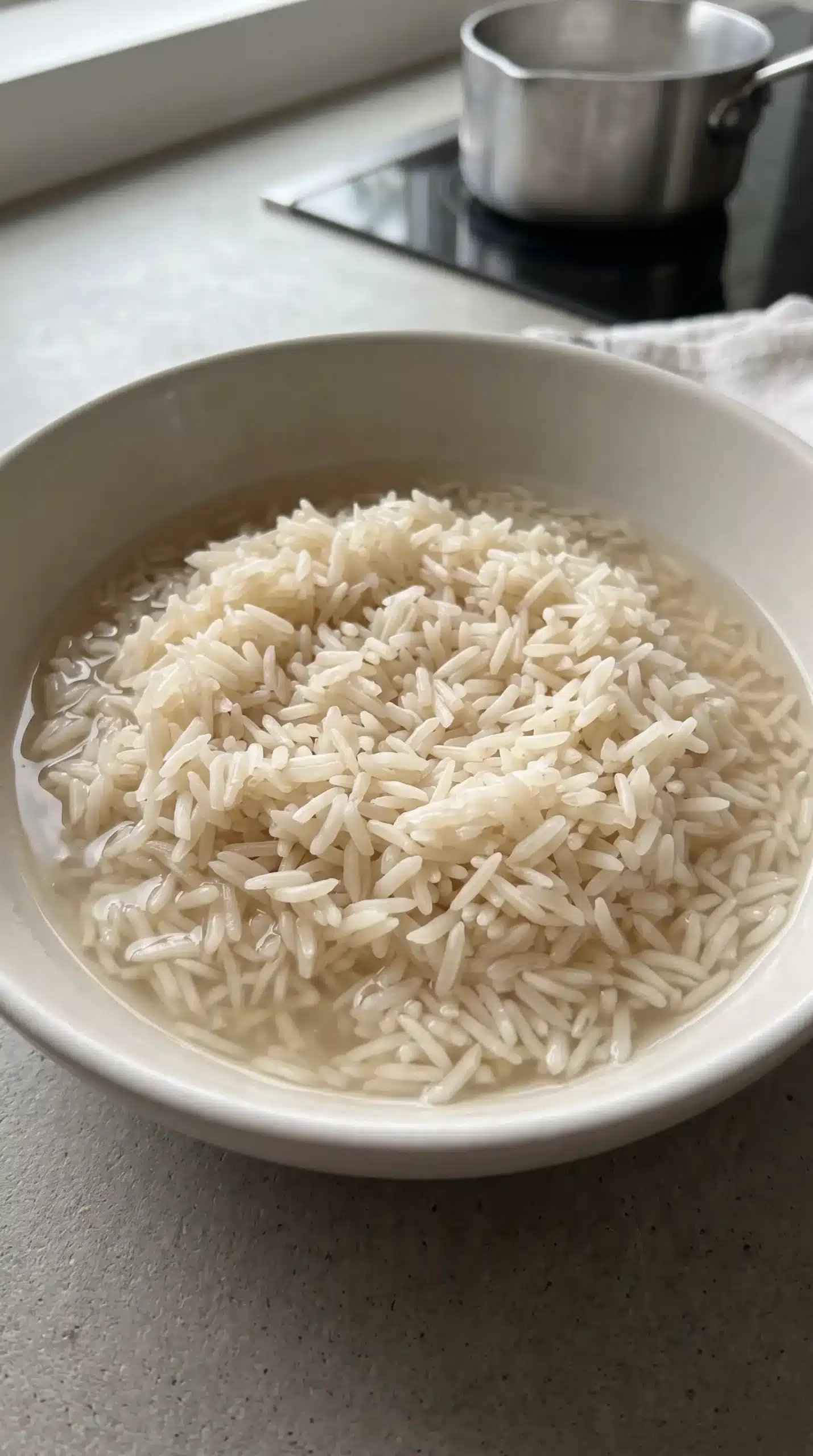 Partially cooked basmati rice with separate grains prepared for beef biryani