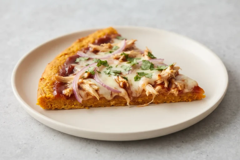 BBQ chicken pizza slice with sweet potato crust, mozzarella, barbecue sauce, chicken, red onion, and cilantro