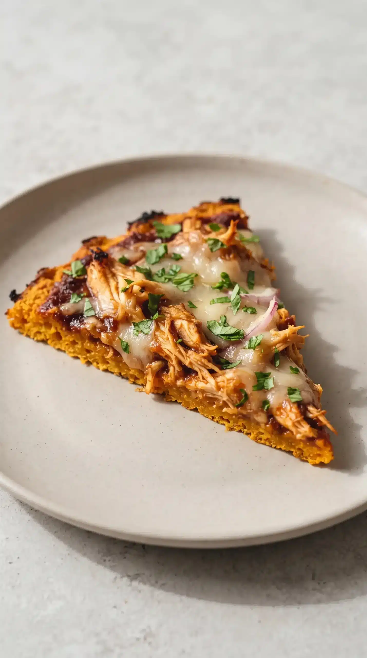 BBQ chicken sweet potato pizza slice topped with fresh cilantro and melted mozzarella