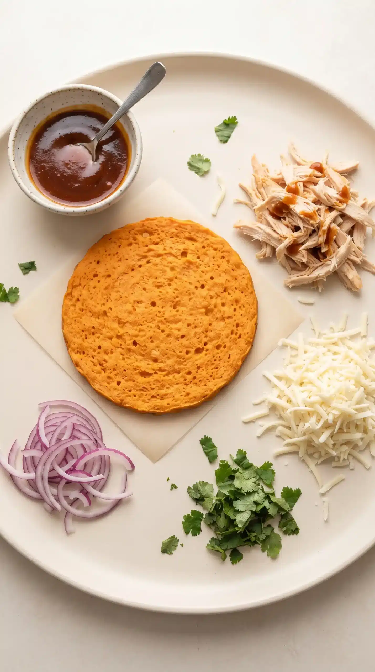 Sweet potato pizza crust with barbecue sauce, chicken, mozzarella, red onion, and cilantro ingredients