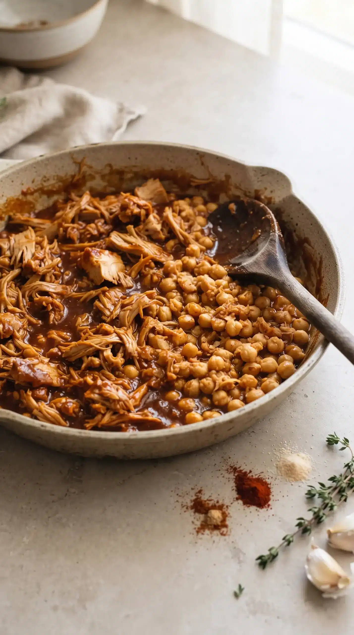 BBQ jackfruit and chickpea filling cooking with sauce and spices in a skillet