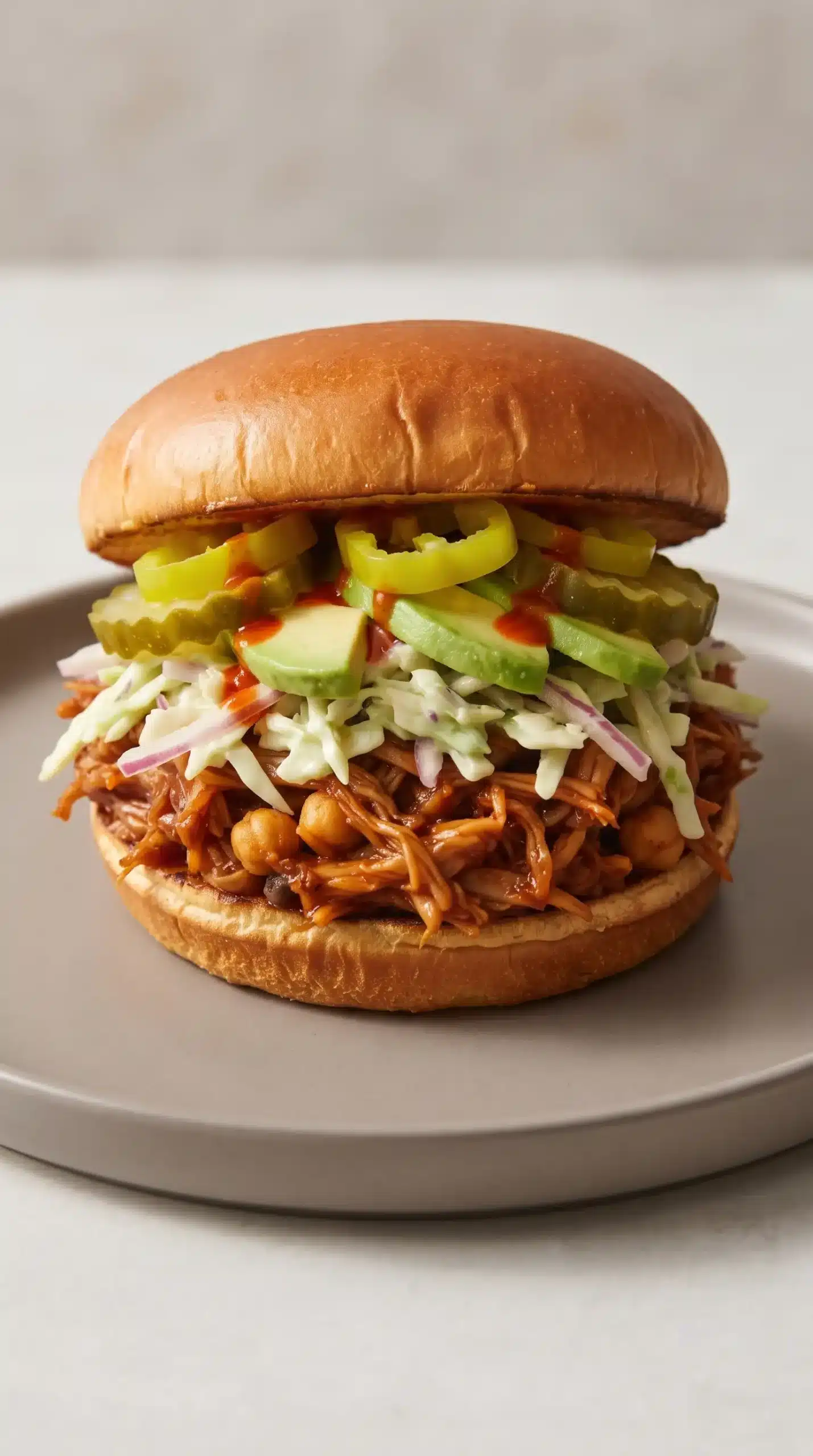 BBQ jackfruit sandwich topped with slaw avocado pickles and pepperoncini