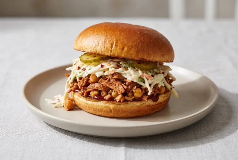BBQ jackfruit sandwich with chickpea filling and creamy slaw on a plate