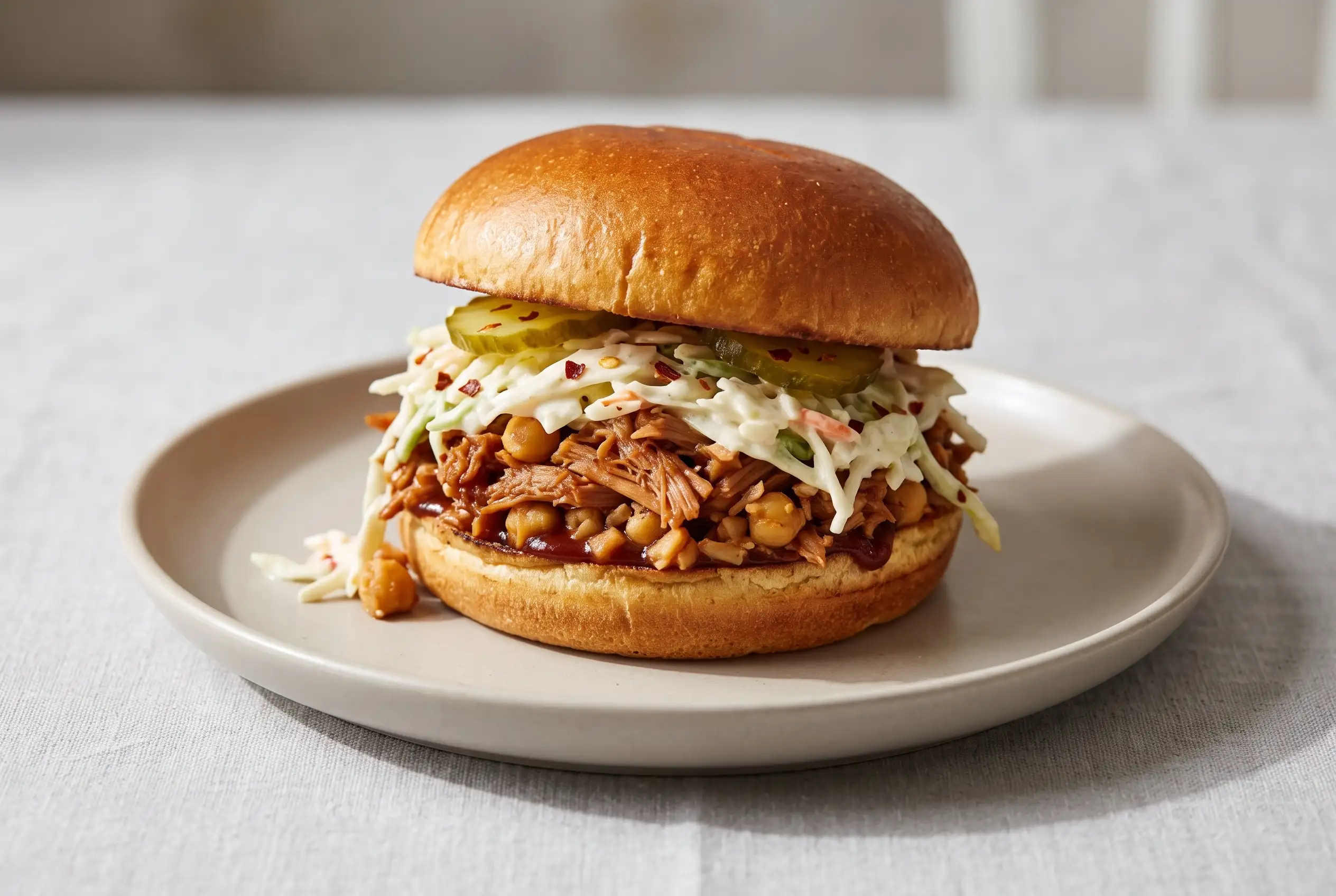 BBQ jackfruit sandwich with chickpea filling and creamy slaw on a plate