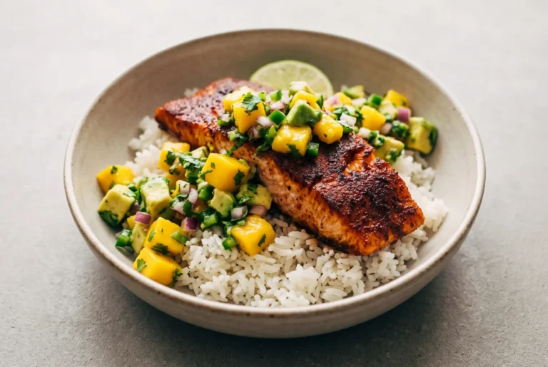 BBQ salmon bowl with rice, smoked salmon, and mango avocado salsa in a ceramic bowl
