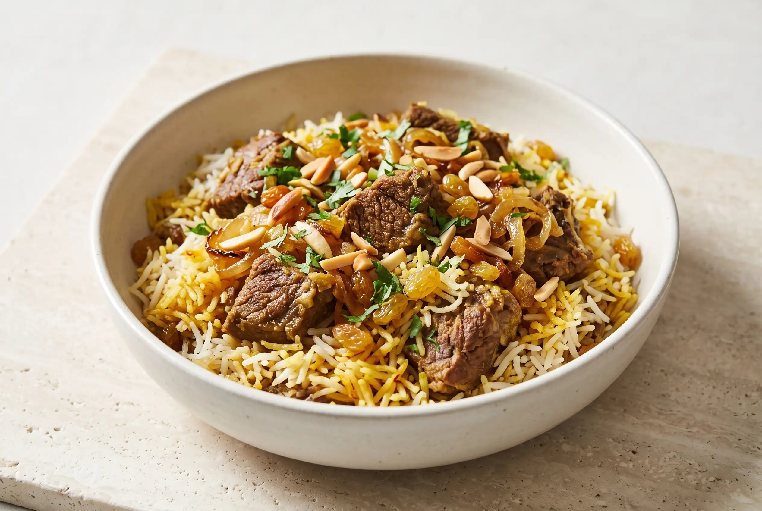 Beef biryani with basmati rice, tender beef, caramelized onions, almonds, and raisins in a bowl