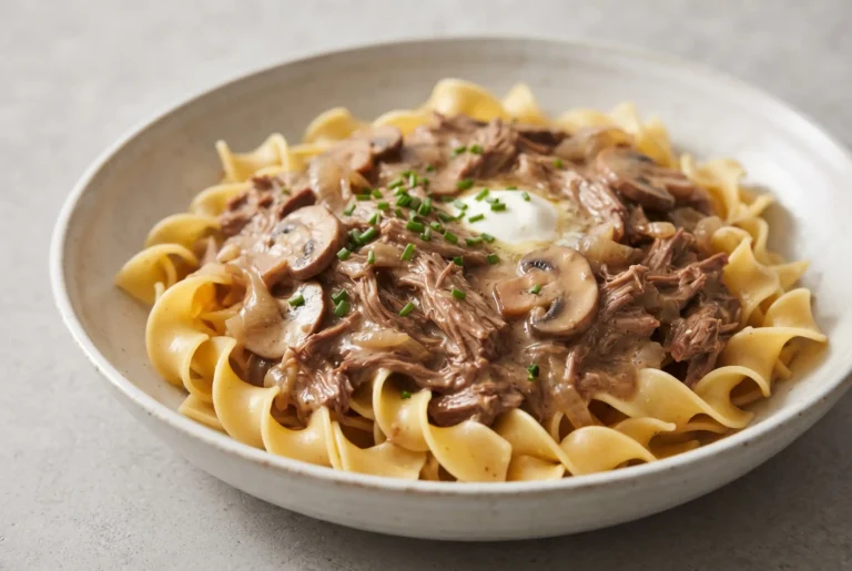 Beef stroganoff with shredded chuck roast, mushroom gravy, and egg noodles in a ceramic bowl
