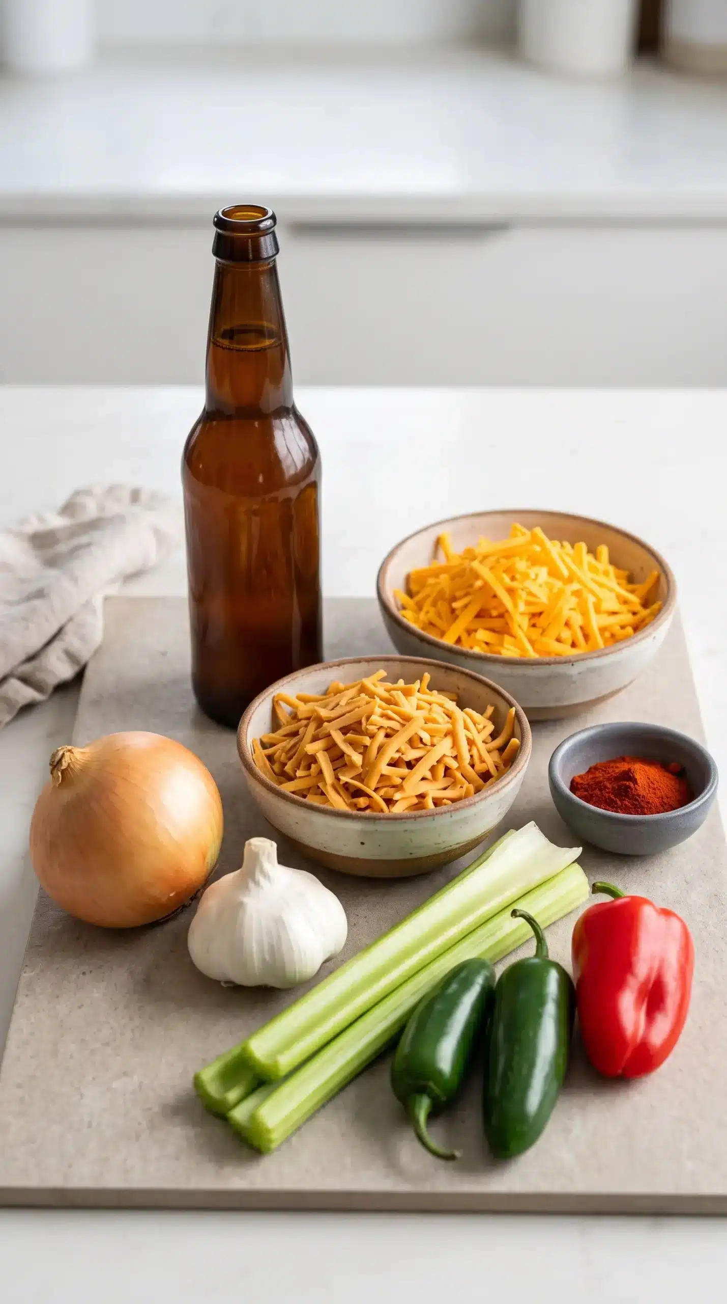 Beer, cheddar, smoked cheddar, and vegetables prepared for beer cheese soup