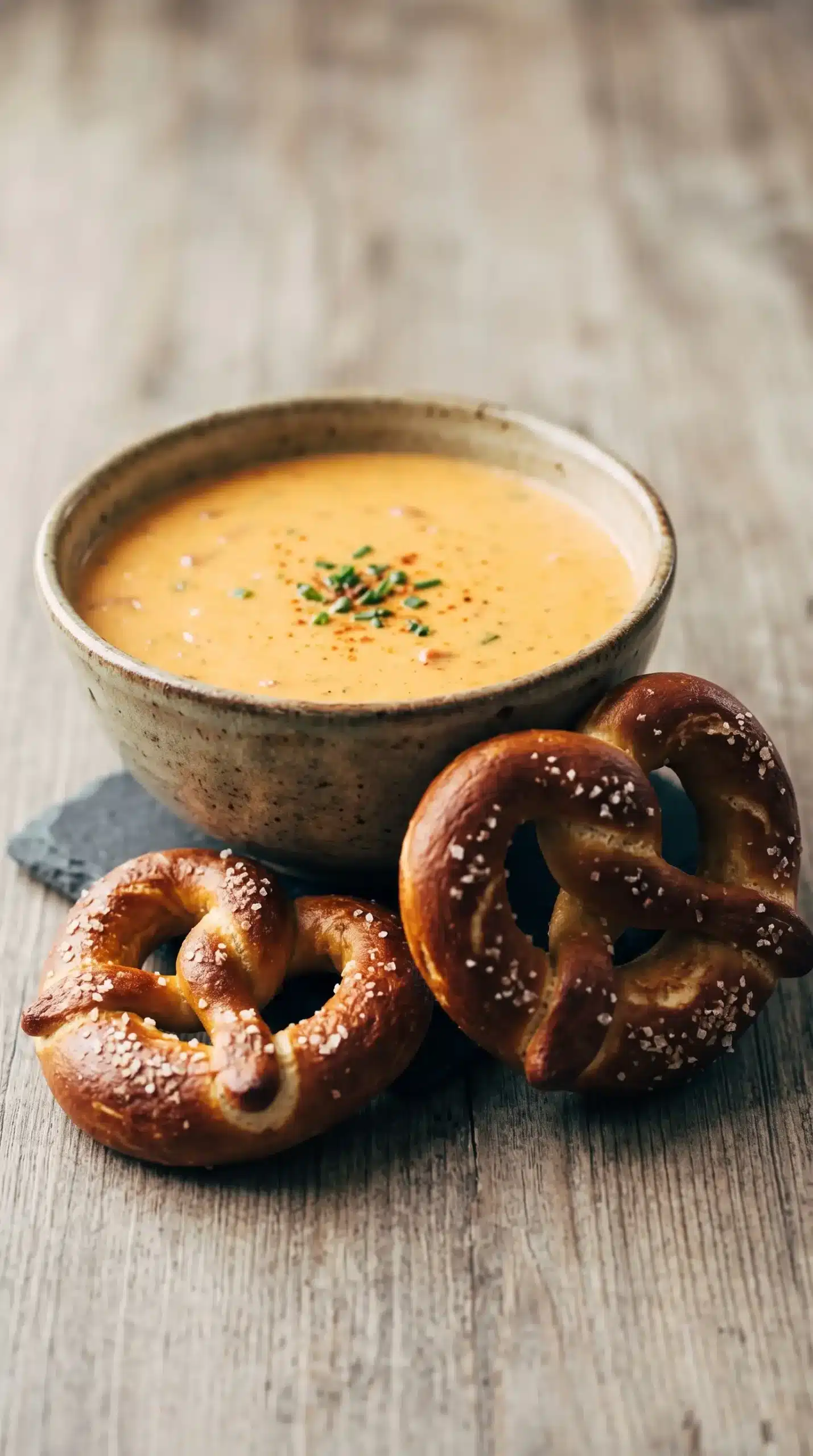 Bowl of creamy beer cheese soup served with a soft pretzel for dipping