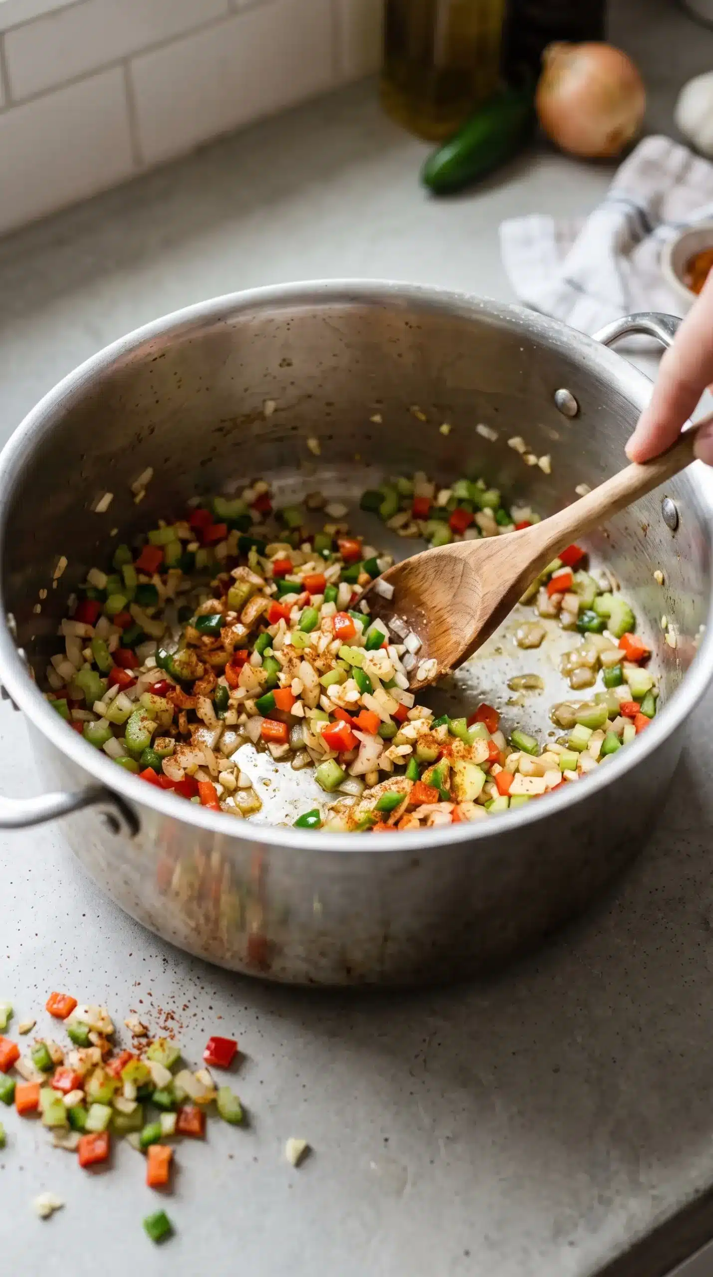 Vegetables and smoked paprika being softened in a pot for beer cheese soup