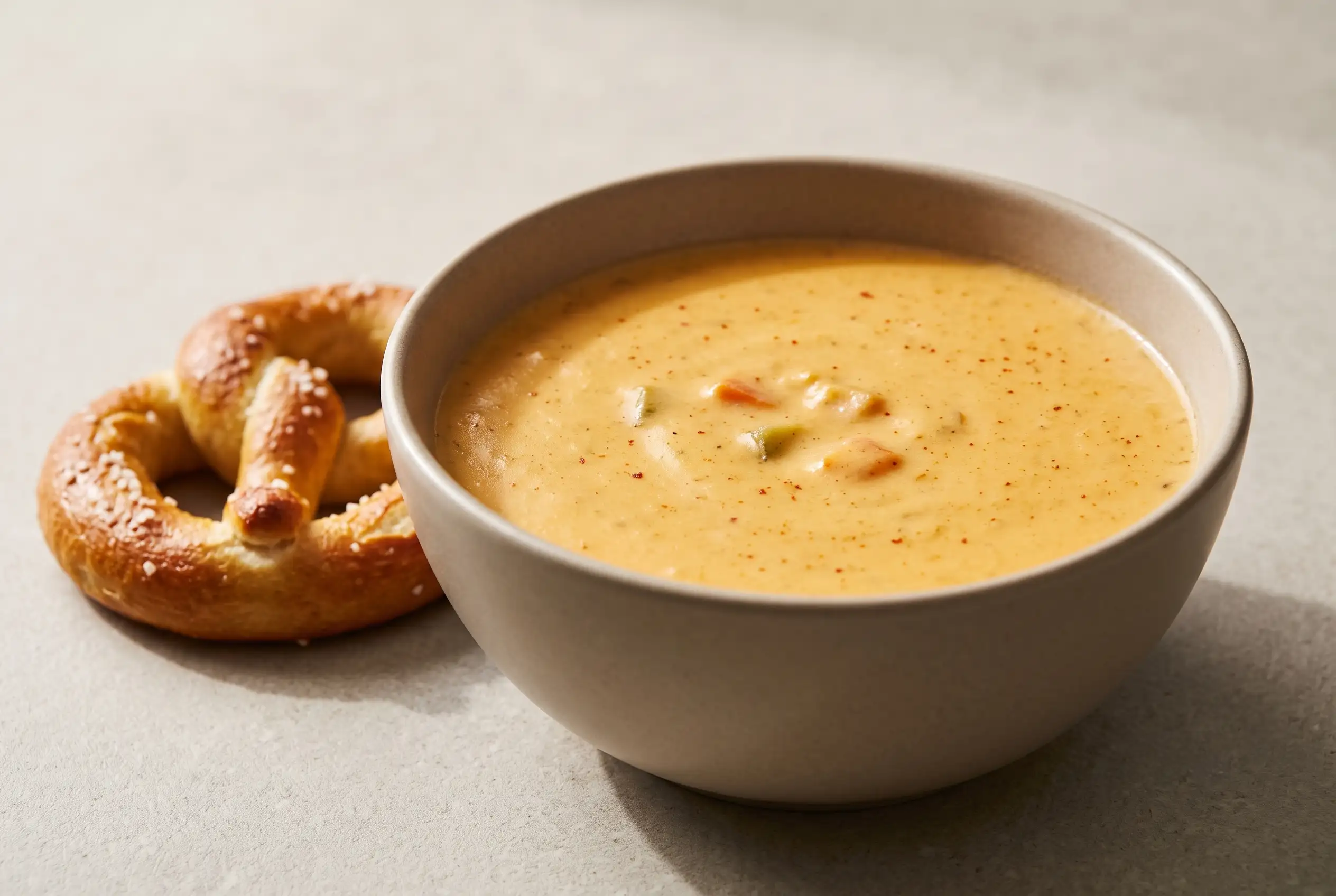 Beer cheese soup with smoked cheddar in a bowl served with a soft pretzel