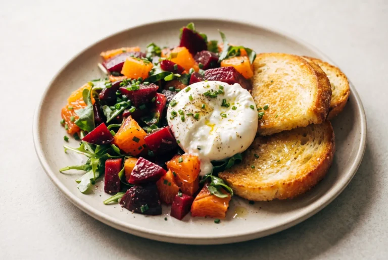 Beet and burrata salad with oranges, arugula, fried bread, and creamy burrata on a plate