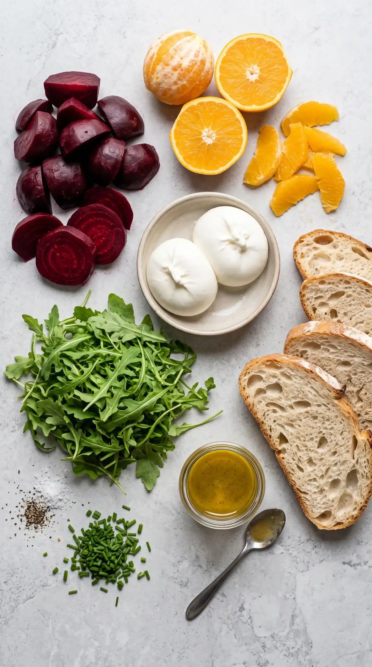 Cooked beets, burrata, oranges, arugula, sourdough, and dressing ingredients for salad
