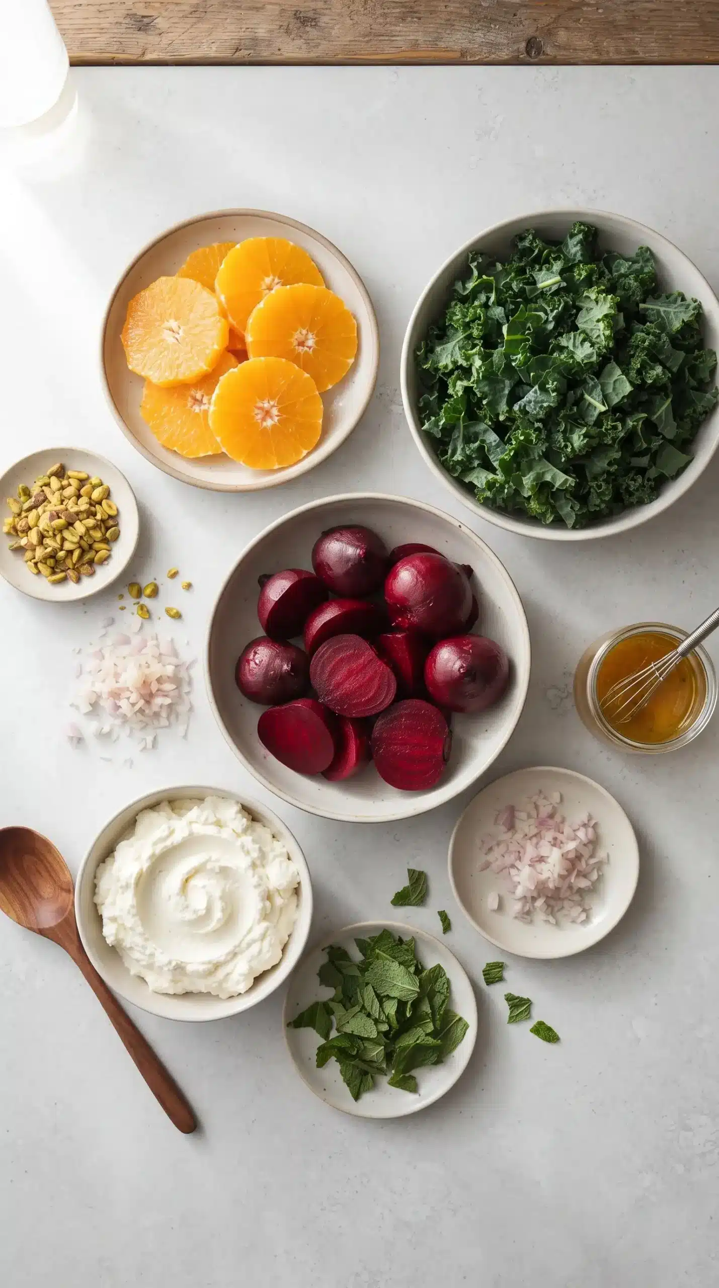 Ingredients for 7 layer beet salad with beets, oranges, kale, ricotta, pistachios, and herbs