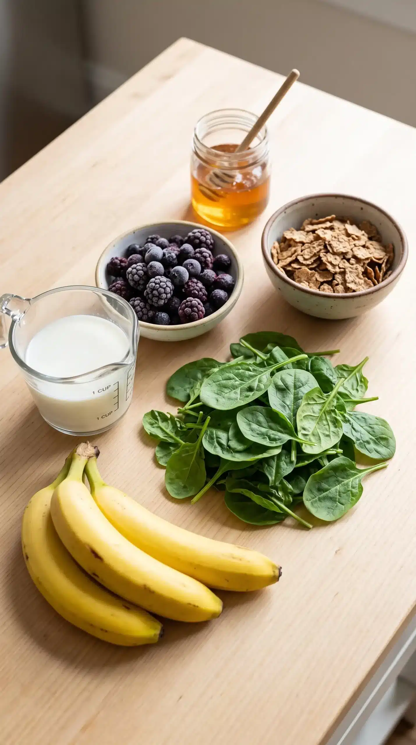Ingredients for berry green smoothie with bananas, spinach, frozen berries, milk, and bran
