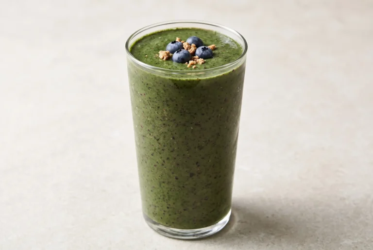 Berry green smoothie with spinach and frozen berries served in a clear glass