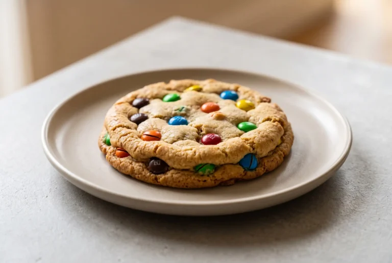 Big soft M&M cookie with colorful chocolate pieces on a neutral plate