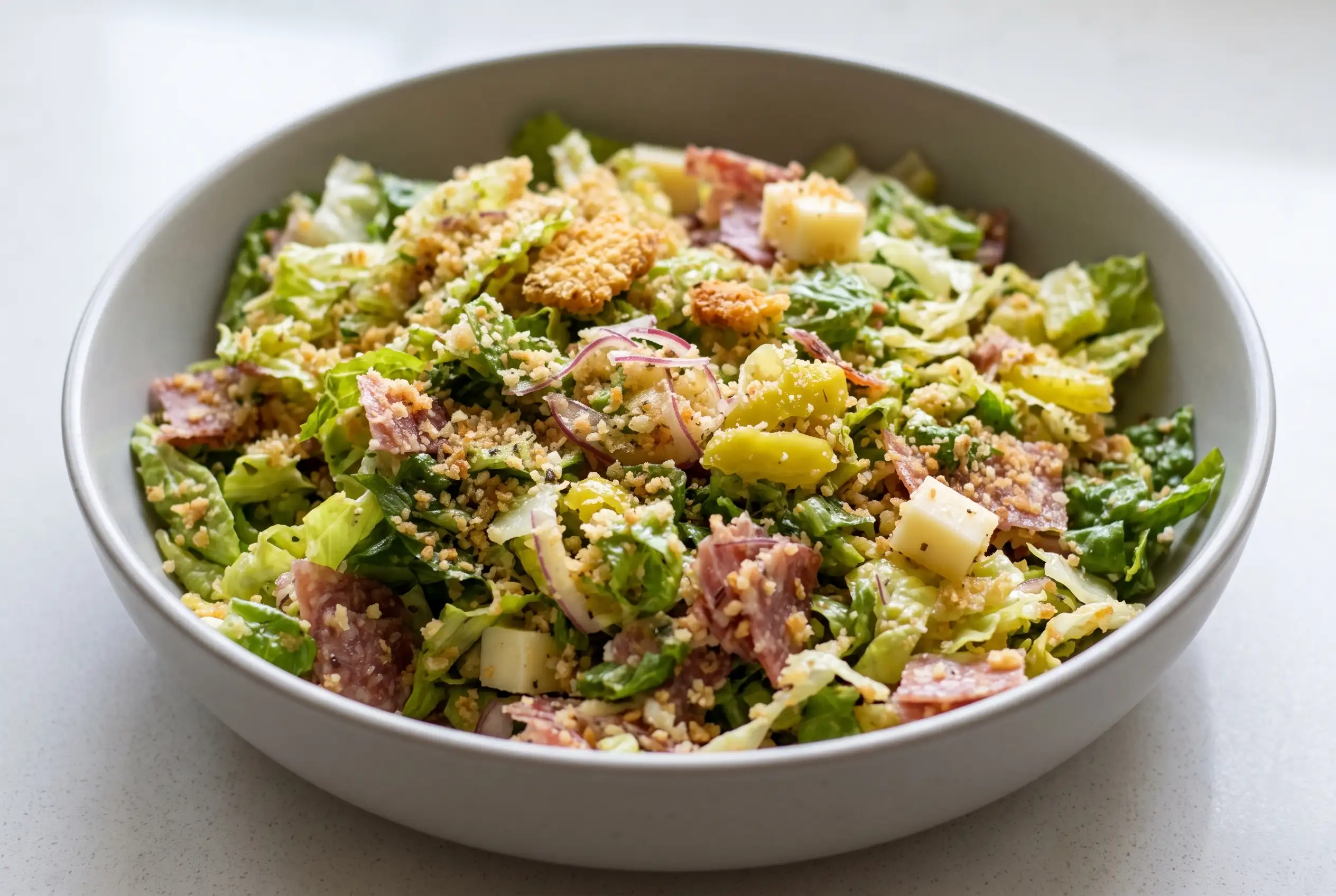 Italian salad with salami, pepperoncini, cheese, romaine, and crispy panko in a bowl