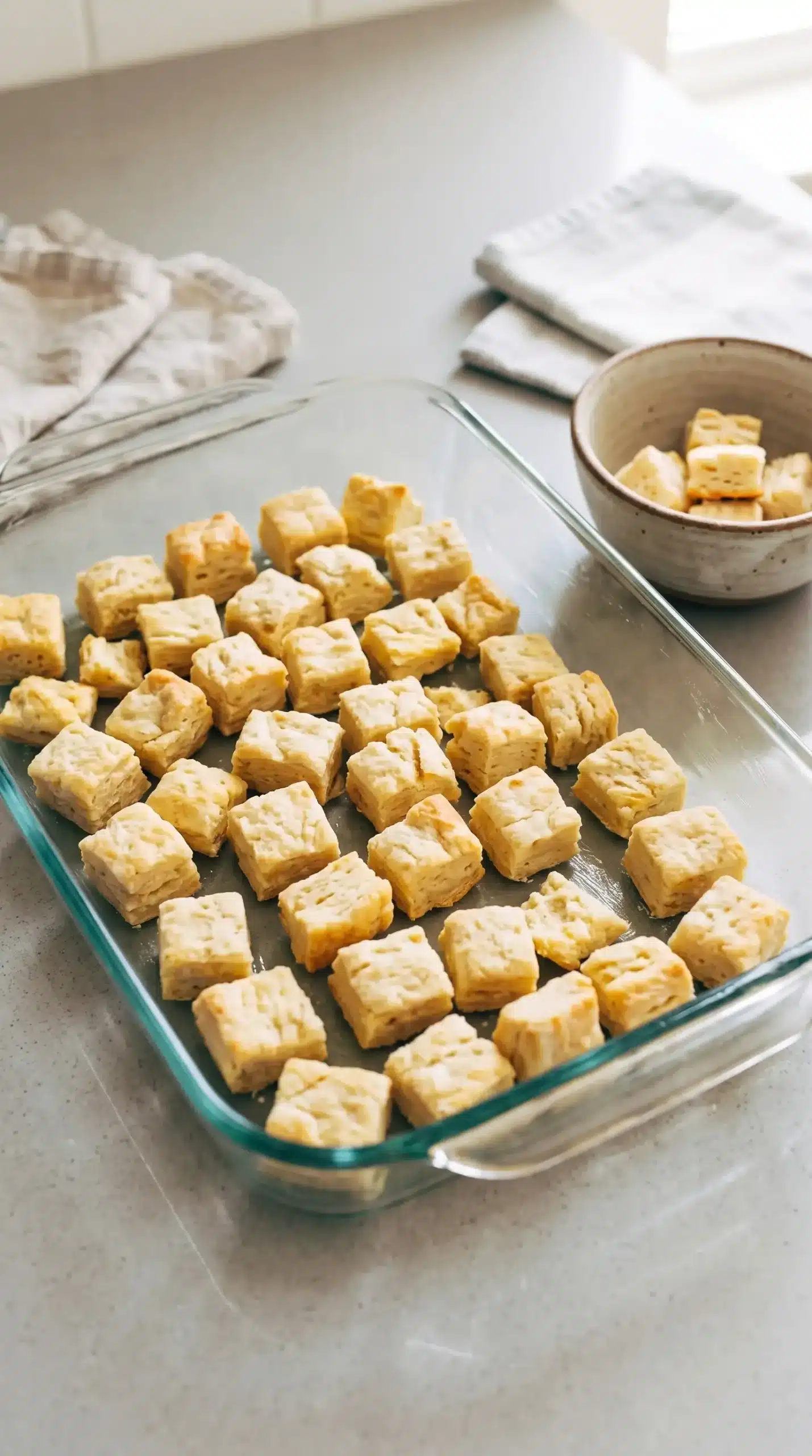 Cubed buttermilk biscuits layered in a baking dish for egg bake assembly