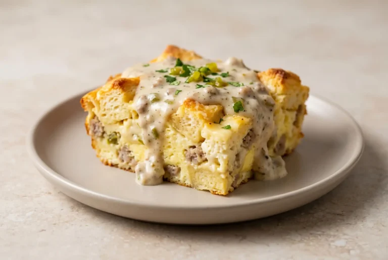Biscuits and gravy egg bake slice with sausage, eggs, cheese, and green chile gravy