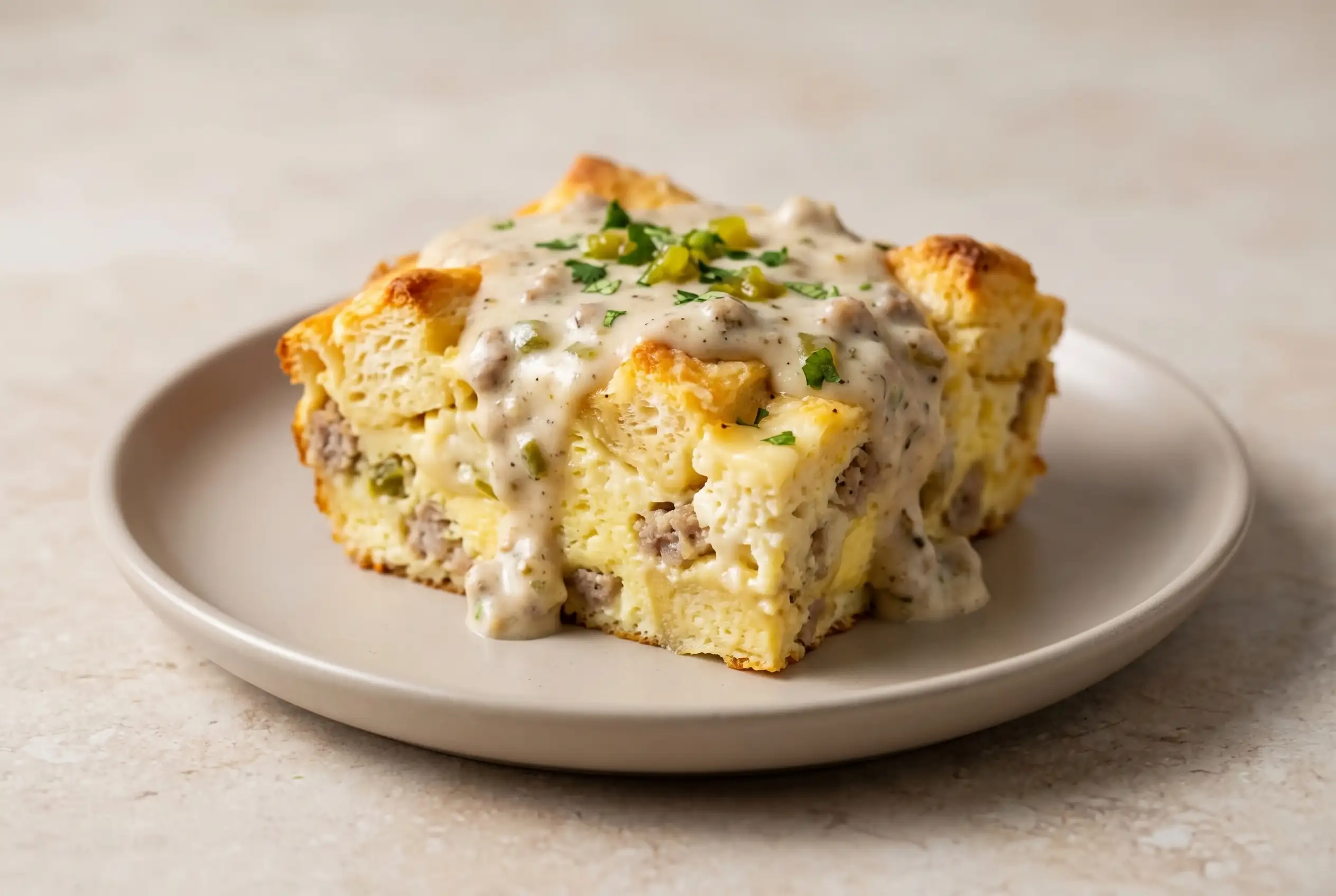 Biscuits and gravy egg bake slice with sausage, eggs, cheese, and green chile gravy