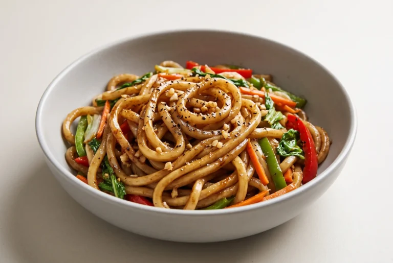 Black pepper udon stir fry with garlic, vegetables, and glossy sauce in a ceramic bowl