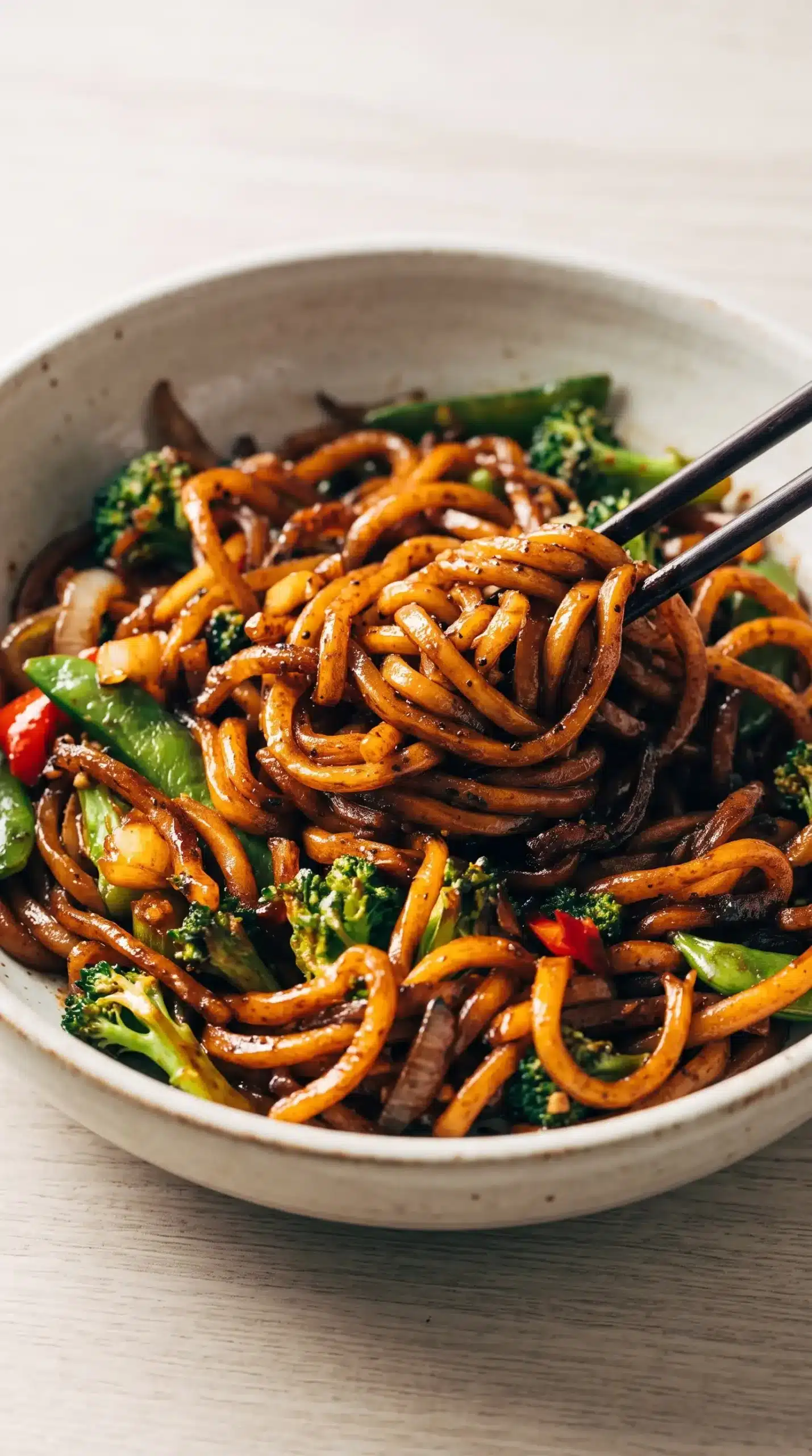Black pepper udon noodles with vegetables, garlic, and dark stir fry sauce in a bowl