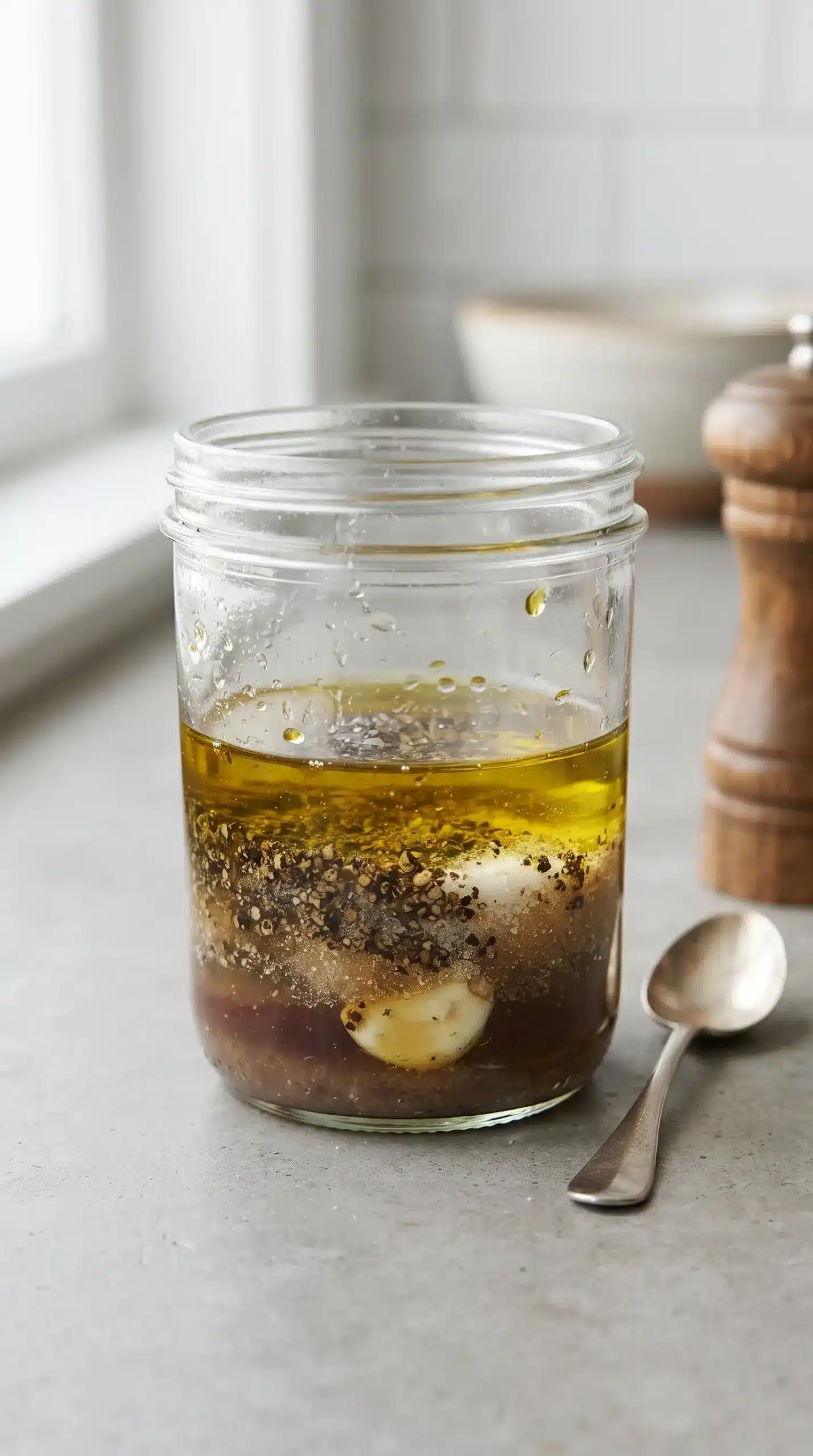 Black pepper vinaigrette ingredients layered in a glass jar