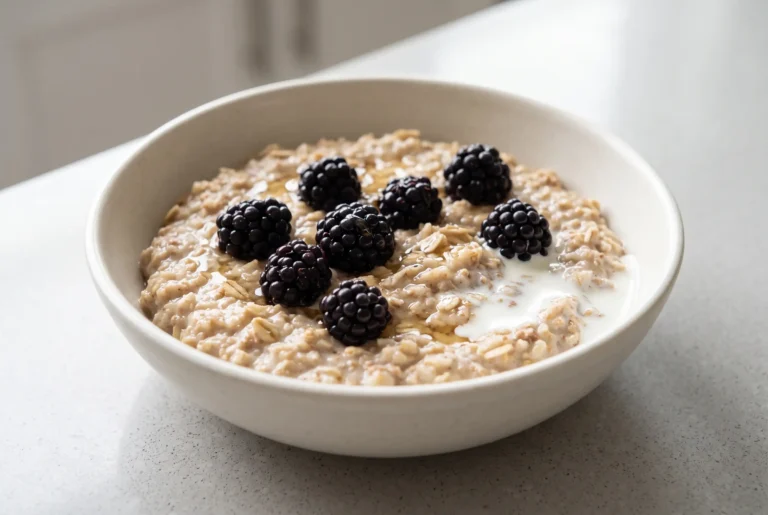 Blackberries and cream oats topped with fresh berries, honey, and half-and-half in a ceramic bowl