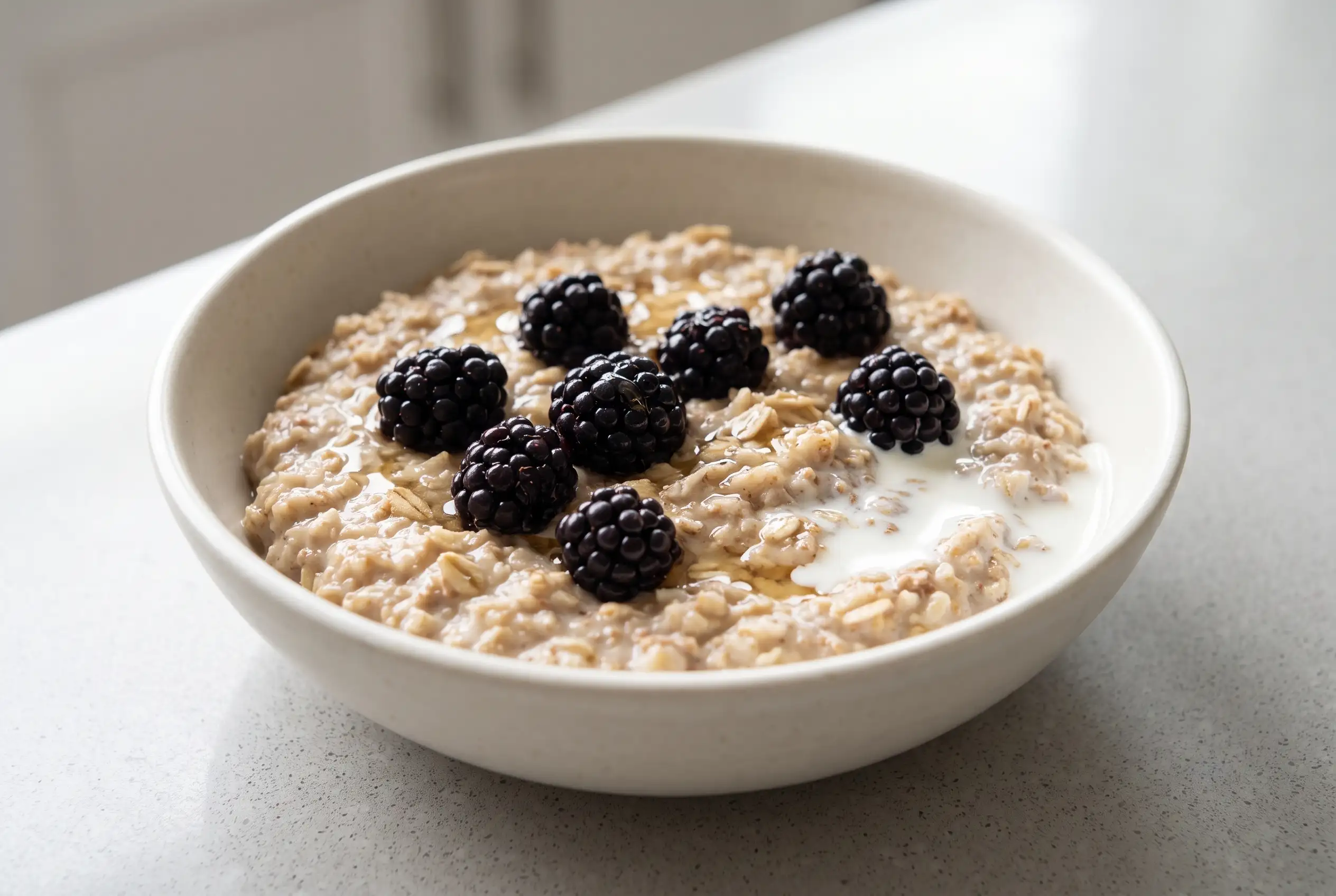Blackberries and cream oats topped with fresh berries, honey, and half-and-half in a ceramic bowl