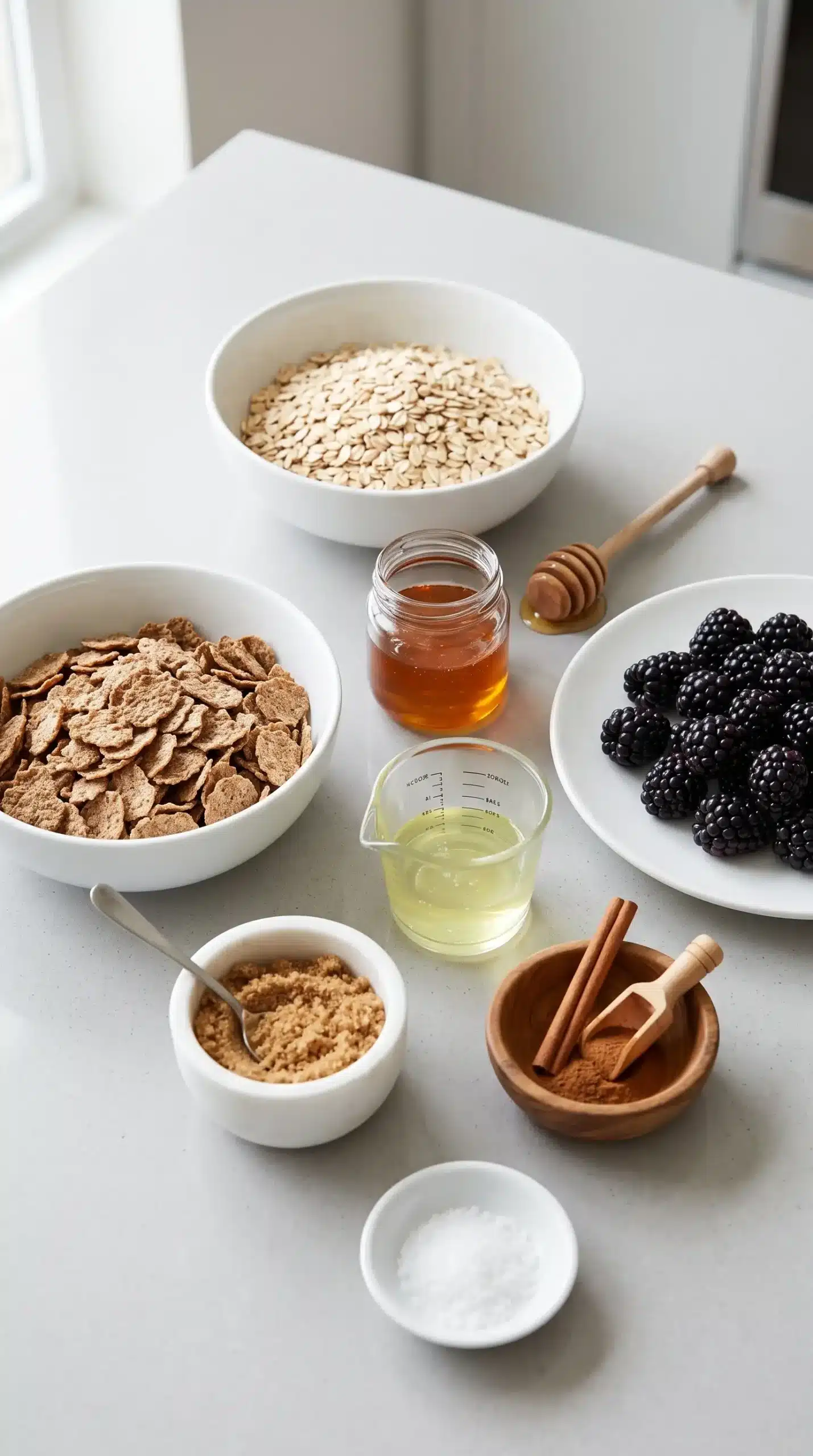 Oats, bran cereal, blackberries, honey, cinnamon, and other ingredients arranged for breakfast preparation