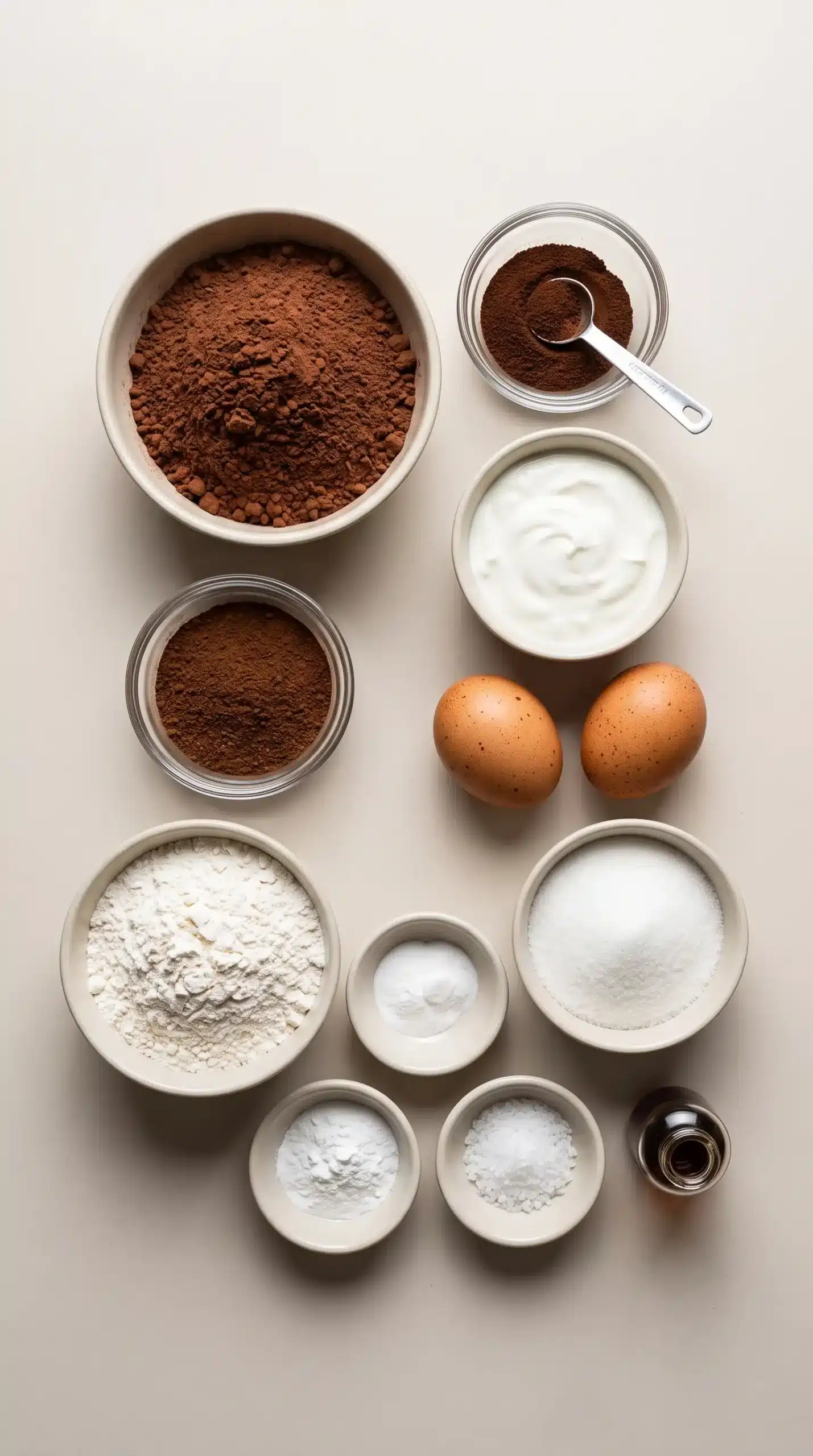 Cocoa powder and baking ingredients prepared for blackout chocolate cake