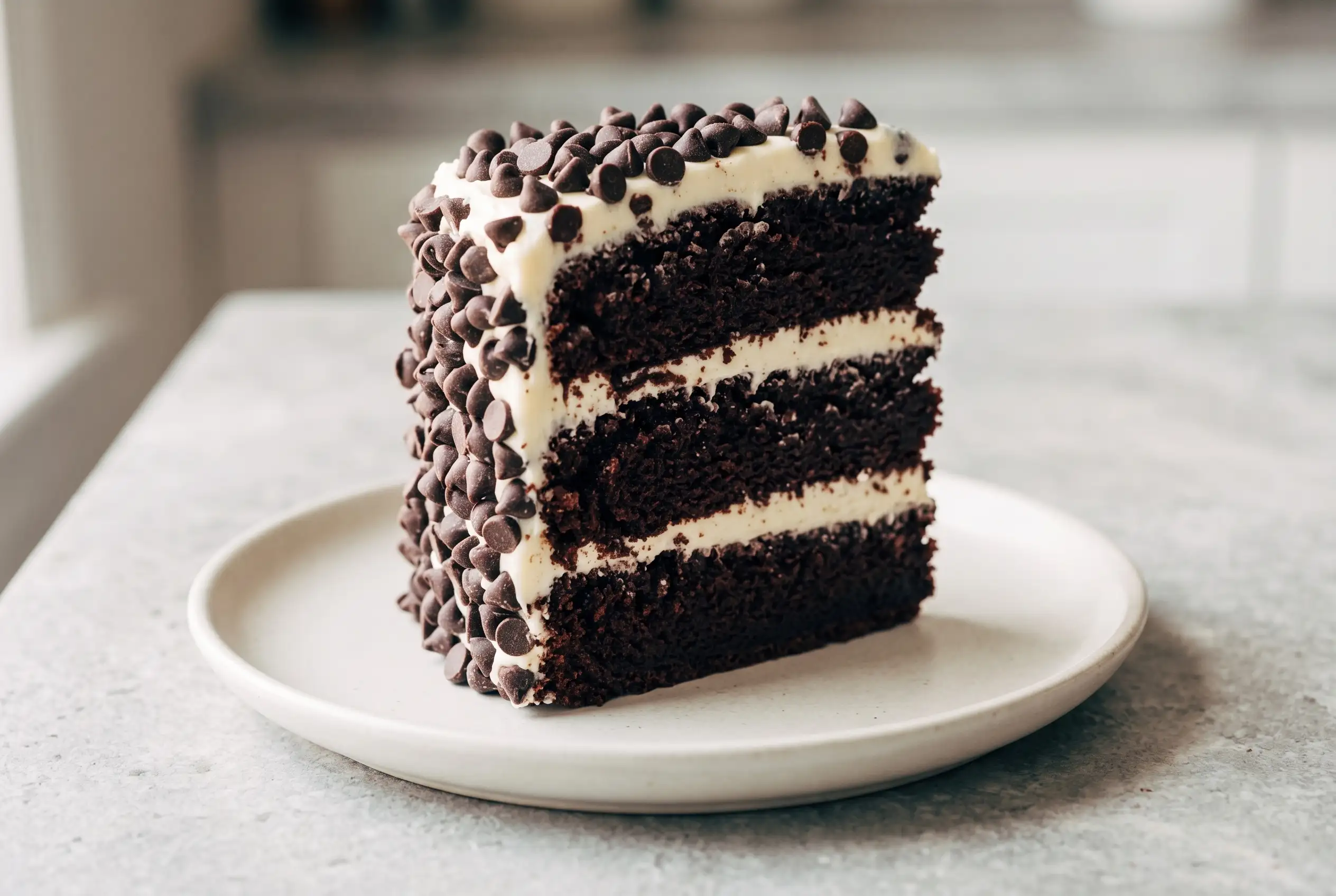 Slice of blackout chocolate cake with cream cheese frosting and chocolate chip coating