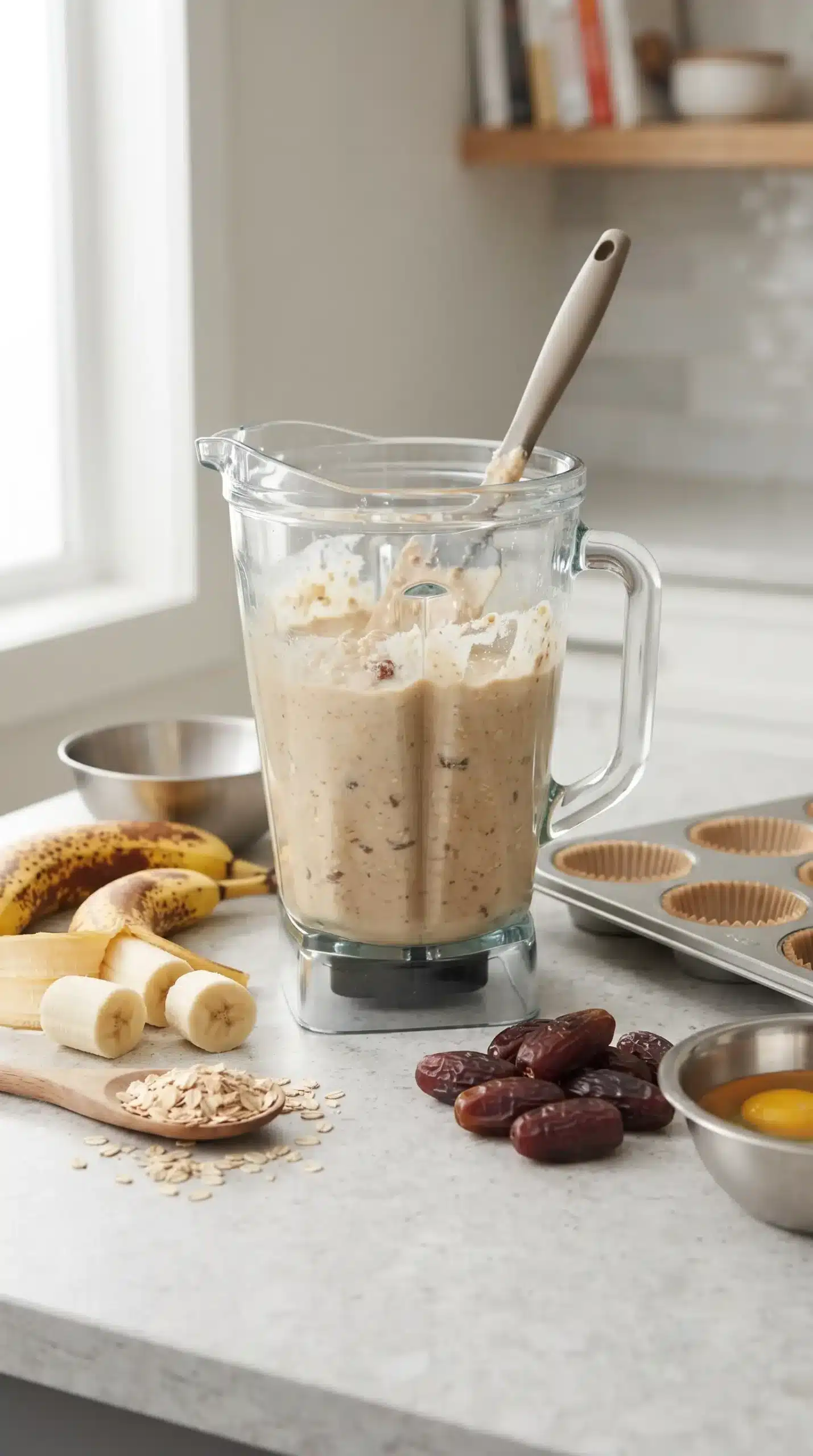 Blended banana oat muffin batter with dates ready for baking