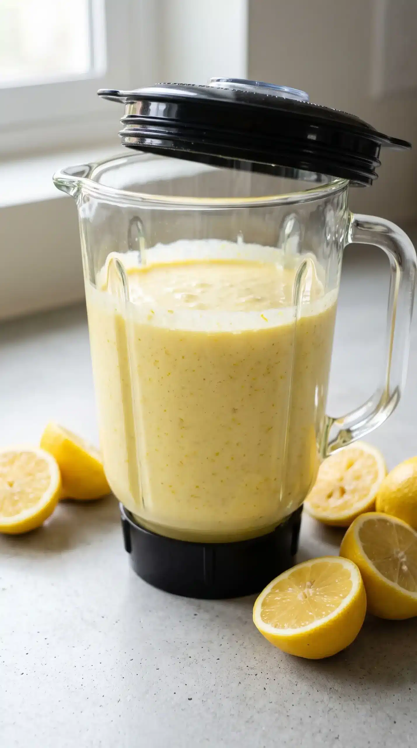 Blender lemon pie filling mixture with whole lemon pieces blended into a pale yellow custard