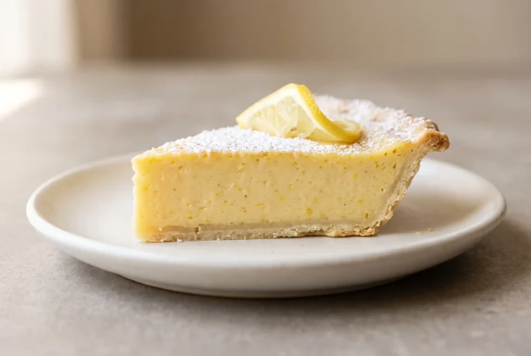 Slice of blender lemon pie with smooth whole lemon custard filling and powdered sugar topping